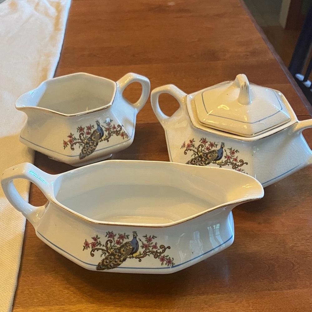 Peacock pattern china Martha Washington FC Co antique gravy creamer & sugar bowl